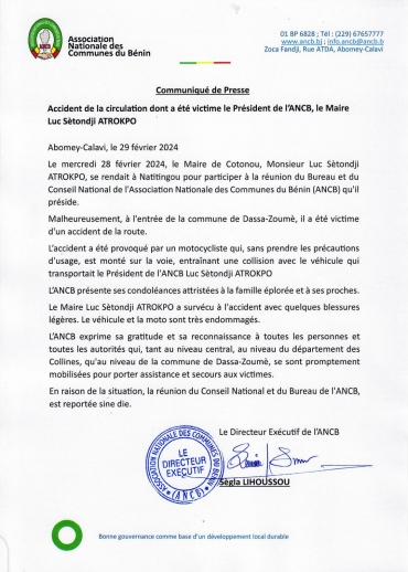 Communiqué de la Direction Exécutive de l&#039;ANCB relatif à l&#039;accident de circulation dont a été victime le Maire Luc Sètondji ATROKPO