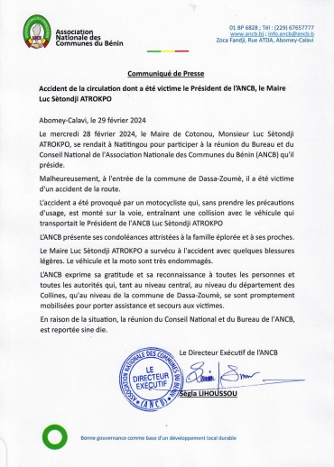 Communiqué de la Direction Exécutive de l&#039;ANCB relatif à l&#039;accident de circulation dont a été victime le Maire Luc Sètondji ATROKPO