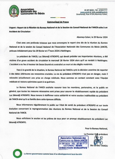 Communiqué de presse relatif au report de la réunion du Bureau National et de la session du Conseil National de l&#039;ANCB